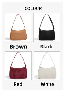 Detailed color options of minimalist suede shoulder bags in brown, black, red, and white