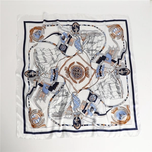 90cm nautical square satin silk scarf with vintage sailing ships and anchors on white