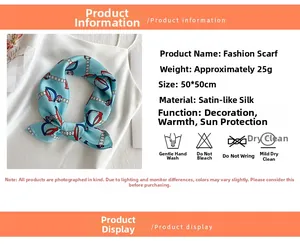 Detailed size info for 50x50cm blue satin silk scarf with equestrian chain patterns