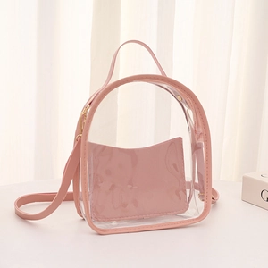 Women's transparent pink PVC jelly backpack with cat face design and inner pouch