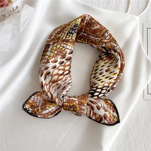Leopard print satin square scarf with geometric design for women, elegant 50cm neckerchief