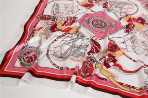 Detailed close-up of a satin square scarf featuring vintage nautical ships and anchors