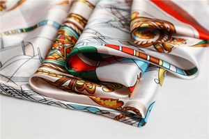 Detail of nautical print satin silk scarf showing compass patterns and silky texture