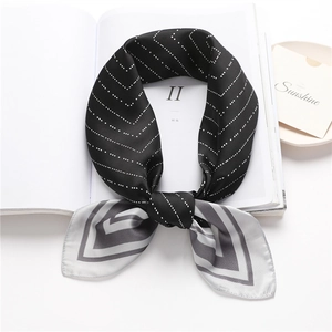 Elegant 70cm silk-like scarf with black and white polka dots and grey geometric stripes