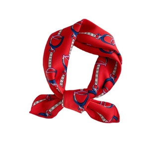 Elegant red satin scarf featuring classic horsebit and chain print for women's styling
