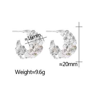 Detail view of silver geometric block earrings showing 20mm outer diameter and 16mm inner size