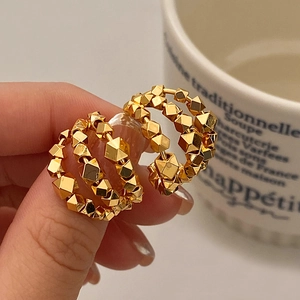 Elegant multi-layered gold geometric beaded hoop earrings with vintage crushed silver style