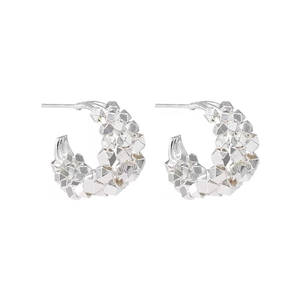 Minimalist silver geometric C-shaped earrings with layered faceted square stud design