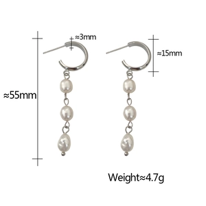 Close-up of elegant long pearl tassel earrings showing size details and measurements