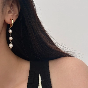 Elegant long freshwater pearl drop earrings with three baroque pearls on gold hoops