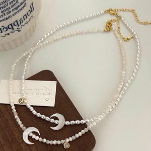Collier Pendentif Croissant De Lune Élégant Cuivre Nacre Künstliche Perle Synthétique Zircon Chaîne De Clavicule Vintage Femme
