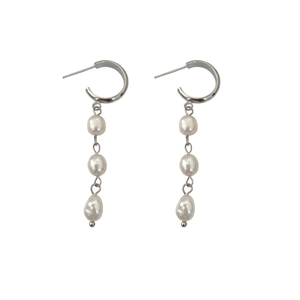 Elegant drop earrings featuring three natural baroque pearls on silver C-shaped metal hooks