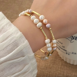 Natürliches Süßwasserperlen Armband Mit Texturierten Metallröhren Eleganter Französischer Retro Stil Luxusschmuck Für Damen