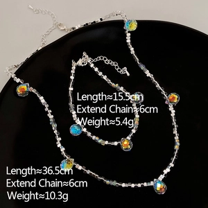 Silver square beads necklace and bracelet set with iridescent crystal pendants