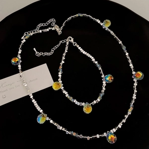 Silver Tone Square Bead Necklace And Bracelet Set With AB Rainbow Teardrop Crystal Zircon Copper Fashion Jewelry Women