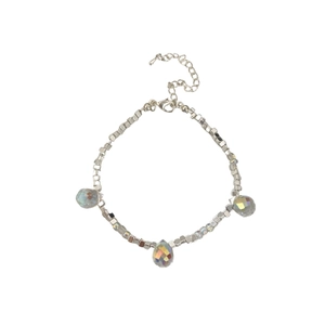 Silver beaded bracelet with three iridescent teardrop crystals and secure lobster clasp