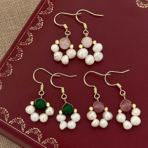 Vintage Freshwater Pearl Dangle Earrings With Natural Stone Flower Tassel Elegant French Style Copper Earring Post Women