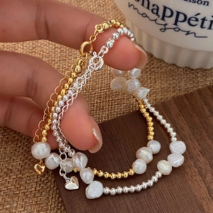 Elegant French style pearl bracelet set with heart pendant and adjustable gold silver chain