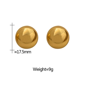 Polished gold ball earrings detail showing 17.5mm diameter and 9g weight specs