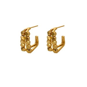 Double-layered geometric gold U-shaped earrings with textured metallic cube patterns