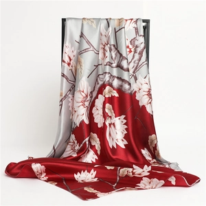 Two-tone magnolia print satin square scarf with elegant red and grey silk-like texture