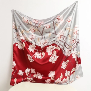 Silk-like 90cm square scarf featuring magnolia floral print in silver-grey and deep red