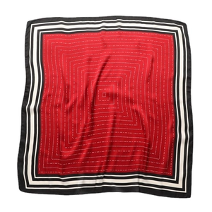 Red square silk scarf with white polka dots and black striped border in 70cm size