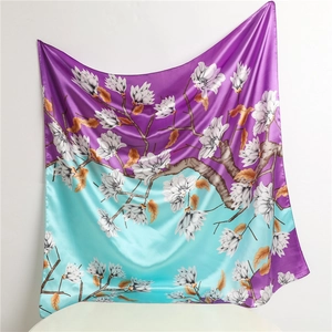 Large Square Scarf Magnolia Flower Print Satin Satin Feeling Two Tone Fashion Headscarf Neck Wrap For Women