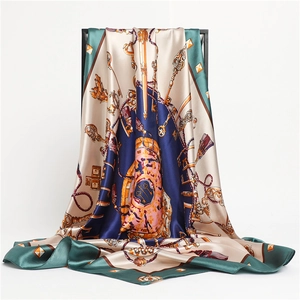 Silk satin square scarf 90cm featuring vintage key and chain pattern shawl for women