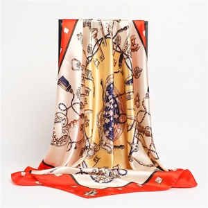 Classic 90cm satin square scarf with vintage golden keys and red border pattern