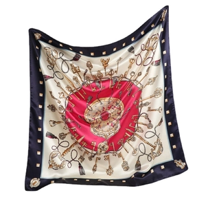 Elegant 90cm silk satin square scarf with vintage key patterns and navy blue borders