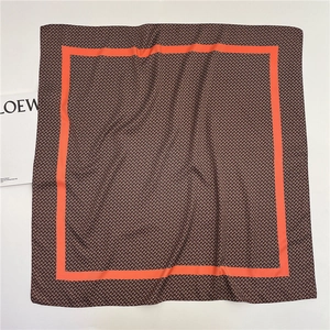 Silk cotton square scarf with letter print, contrast orange border, and vintage design