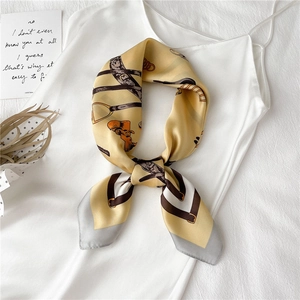 Elegant 70cm yellow silk square scarf with vintage equestrian horse bit and belt prints