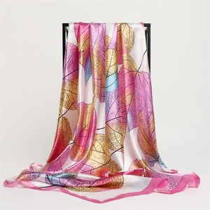 Women Elegant Large Square Scarf Satin Imitation Satin Artistic Leaf Print Decorative Hair Handbag Head Accessory