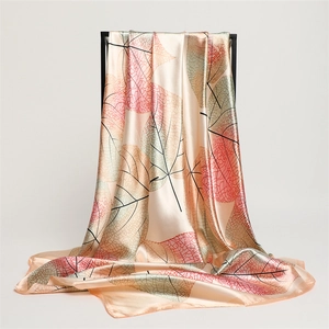Silky leaf print square scarf in apricot pink with gradient vein patterns and satin finish