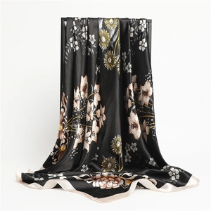 Elegant 90cm silk-satin square scarf with floral print in black and champagne gold