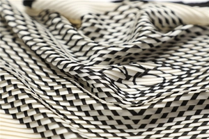 Macro detail of geometric pleated silk scarf showing black and white ripple texture