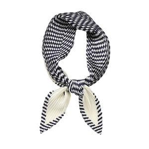 Navy blue and white geometric pleated silk scarf with diamond patterns and pleated texture