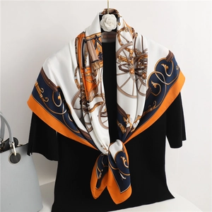 Luxurious 90cm silk scarf with vintage carriage and baroque horse motif in orange and navy