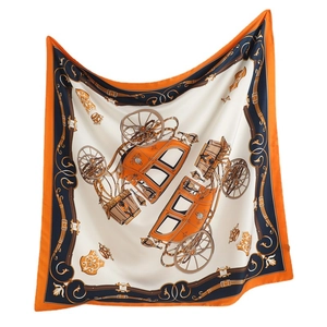 Luxury silk square scarf with orange borders and classic horse carriage pattern print