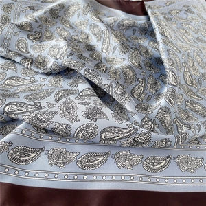 Détail d'un foulard en soie bleu clair à motifs paisley avec bordure marron foncée