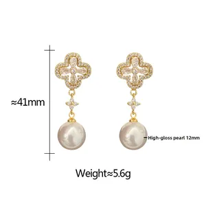 Detail of clover earring with dimensions showing 12mm shell pearl and 41mm length