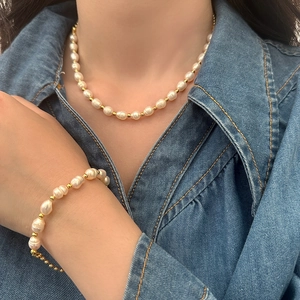Natural Freshwater Pearl Necklace And Bracelet Irregular Baroque Pearls Gold Plated Beads Elegant Vintage Jewelry For Women