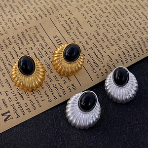 Vintage French Geometric Oval Stud Earrings With 925 Sterling Silver Earring Post Copper Radial Pleated Texture Jewelry