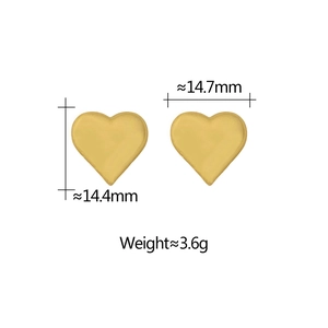 Detailed view of gold heart stud earrings showing measurements of 14.7mm by 14.4mm