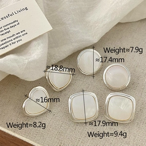 Detailed close-up of geometric silver earrings with white pearl-like inlay set