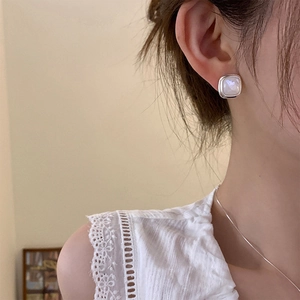 Elegant French geometric square earrings with silver frame and white shell stone inlay
