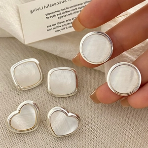 Geometric Stud Earrings Copper White Shell Texture French Retro Heart Square Round Minimalist Jewelry For Women