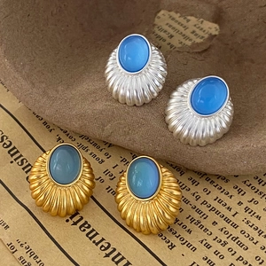 Boucles D'oreilles Vintage Ovale Pierre Œil De Chat Bleue Cuivre Nervuré Bordure Festonnée Plaqué Or Argent Bijoux Femme