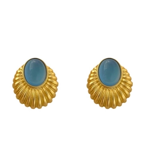 Boucles d'oreilles vintage en or avec opale bleue ovale et design en métal texturé soleil